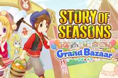 Story Of Seasons Grand Bazaar header showing two player characters and farm animals with a windmill in the background and the title of the game.