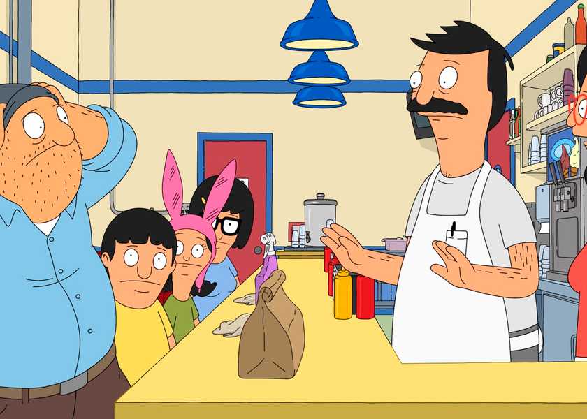 Teddy grabs his hat in frustration while the rest of the Belcher family tries to calm him down on Bob's Burgers