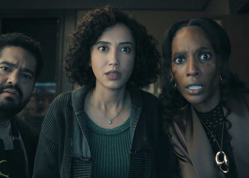Upload's Josh Banday, Andy Allo, and Zainab Johnson looking shocked